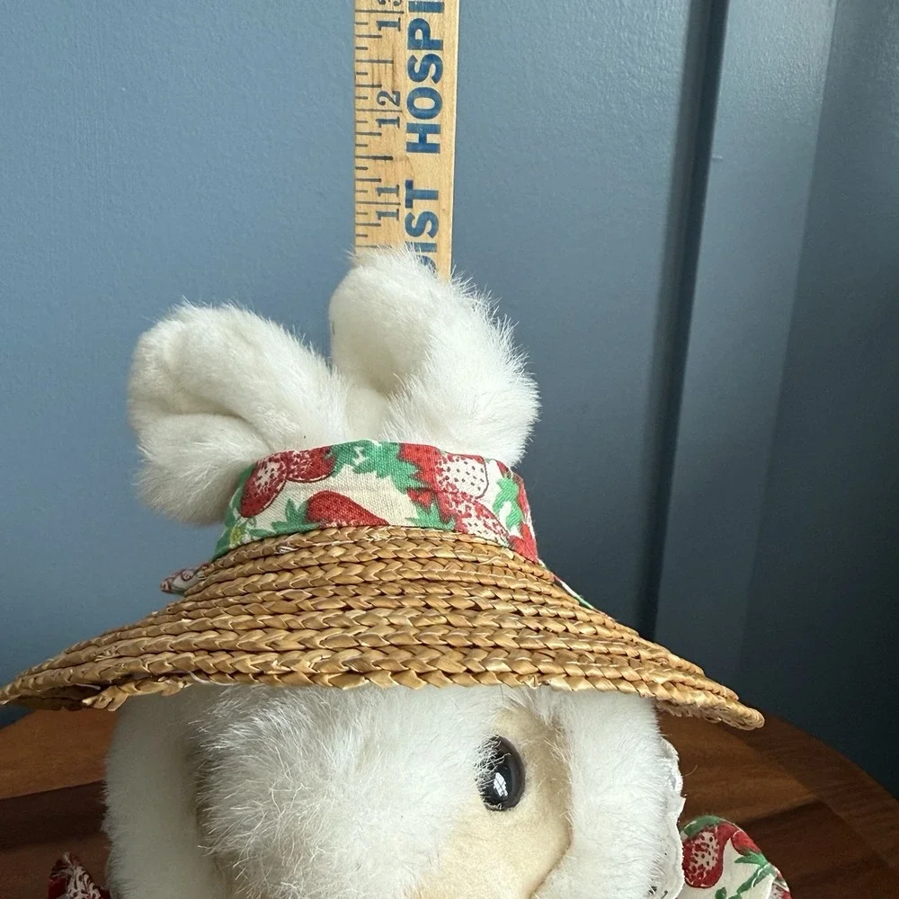 Vintage 1994 Hosung Bunny Rabbit Hand Puppet Plush Strawberry Dress Straw Hat